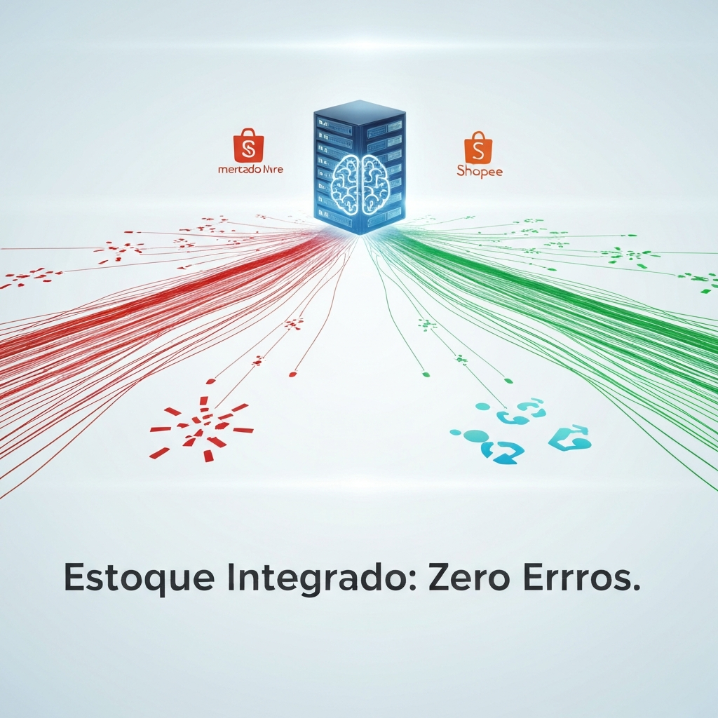 Digital illustration showing seamless data synchronization between Mercado Livre, Shopee, and a central ERP system, symbolizing the prevention of 5 common inventory errors in e-commerce integration.