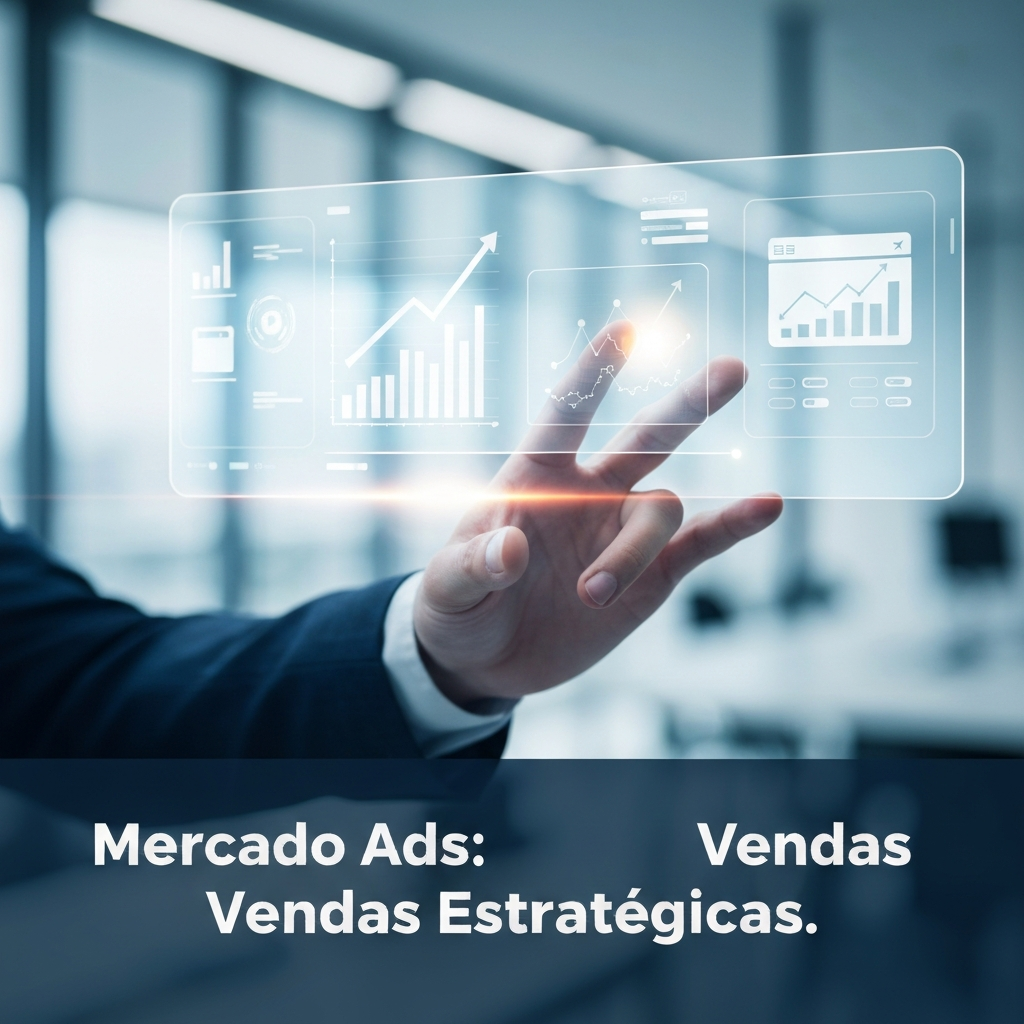 Imagem de uma mão interagindo com uma interface holográfica exibindo gráficos de vendas ascendentes e ícones de produtos, simbolizando estratégias de Mercado Ads para gerar vendas no Mercado Livre. O texto
